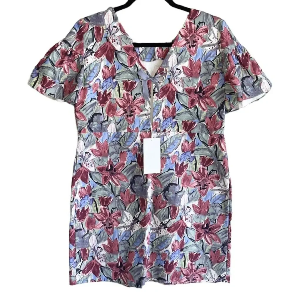 NWT Zara Multicolor Floral Mini Dress Size L Ruffled Short Sleeves Bow V Back - Picture 6 of 10